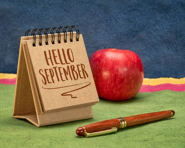 Hello September Greeting Note Handwriting Small Desktop Calendar Red Apple — Fotografia de Stock