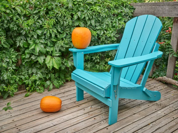 Empty Adirondack Chair Pumpkins Wooden Backyard Deck Late Summer Fall — Foto Stock