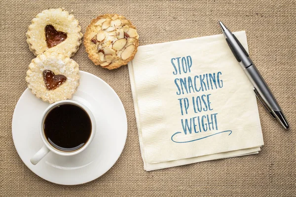 Stop Snacking Lose Weight Inspirational Reminder Note Napkin Coffee Cookies — Stock Photo, Image