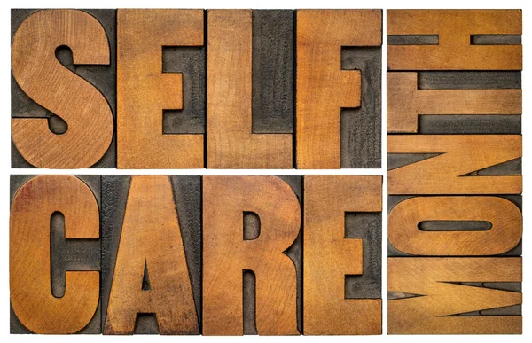 Self Care Month Isolated Word Abstract Letterpress Wood Type Reminder — Foto de Stock