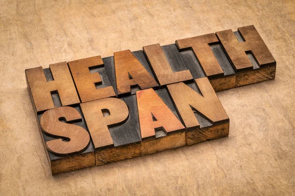 Parola Healthspan Astratta Nel Tipo Legno Letterpress Vintage Concetto Salute — Foto Stock