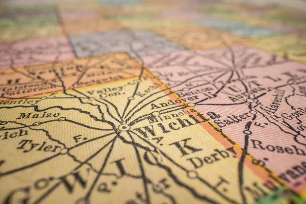 Wichita Kansas Retro Mapě Detailní Záběr Výběrovým Zaměřením — Stock fotografie