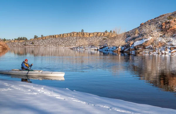 Senior Male Wearing Life Jacket Paddling Expedition Canoe Winter Scenery — Fotografia de Stock