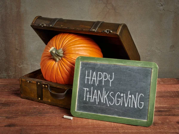 Happy Thanksgiving Greeting Card White Chalk Blackboard Sign Large Pumpkin — Stock Photo, Image