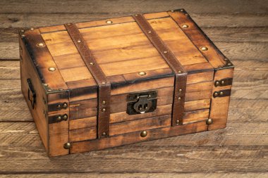 retro decorative case or storage box on wooden rustic table