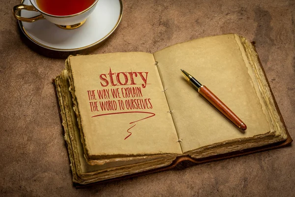 Історія Пояснюємо Собі Світ Почерк Ретро Журналі Чашкою Чаю Розповідь — стокове фото