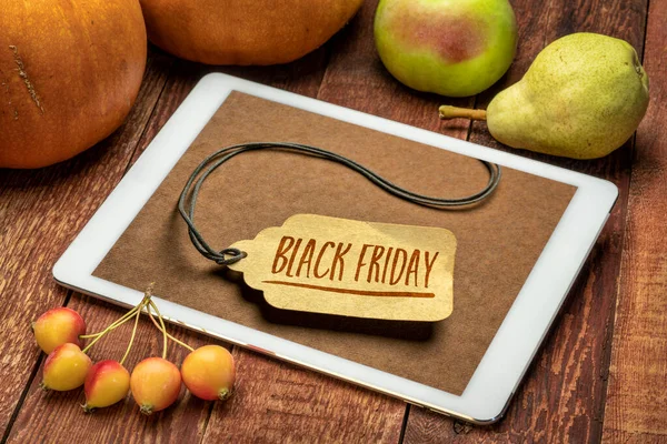 Sinal Venda Black Friday Uma Etiqueta Preço Papel Tablet Digital — Fotografia de Stock