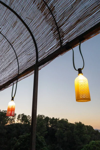 Original Lamps Hanging Cane Ceiling — 图库照片