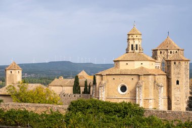 Santa Maria de Poblet 'in kraliyet manastırının panoramik manzarası sonbaharın başlarında Tarragona, İspanya' da üzüm bağlarıyla çevrili.