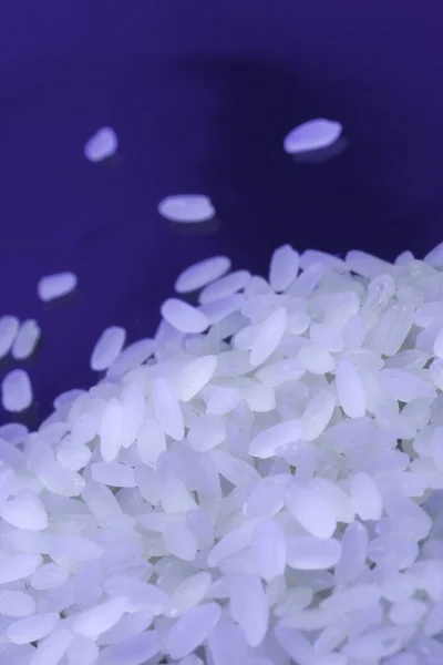 Neon ışığı altında siyah arka plan üzerine pirinç — Stok fotoğraf