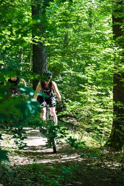一组在森林里 mountainbikers — 图库照片