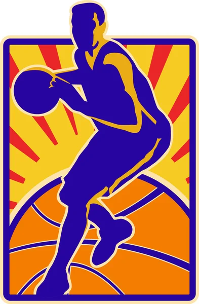 Koszykówka gracz dryblingu piłka retro — Wektor stockowy