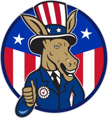 Demokrat eşek maskot başparmak yukarıya bayrak