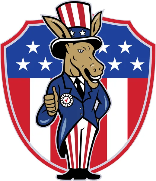 Demócrata burro mascota pulgares encima de la bandera — Vector de stock