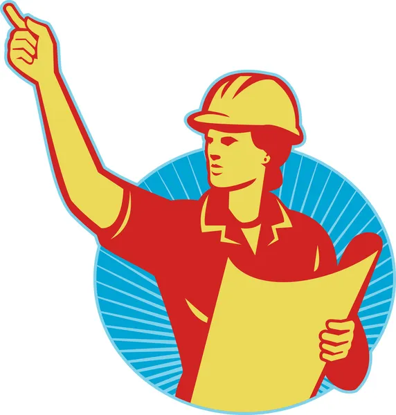 Female Engineer Construction Worker Pointing Retro — Stock Vector