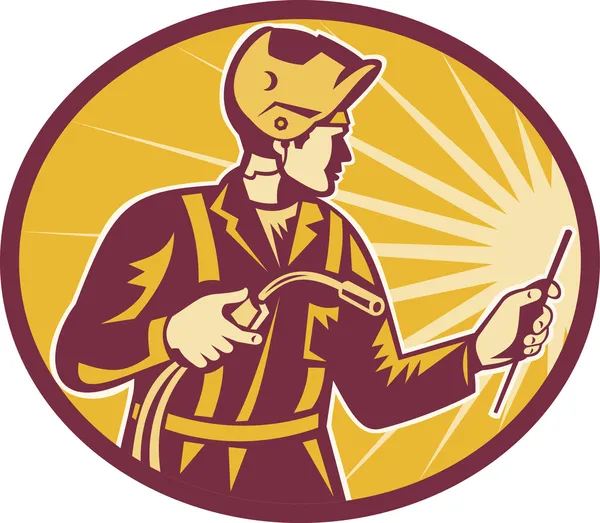 Soldador trabajador soldadura antorcha retro — Vector de stock