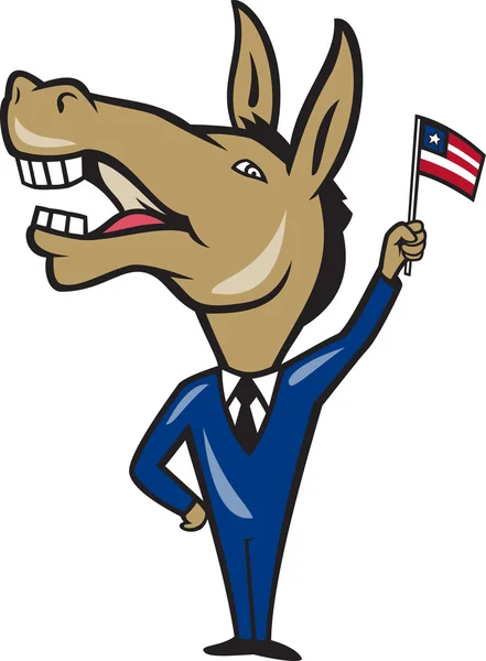 Democraat ezel mascotte Amerikaanse vlag — Stockvector