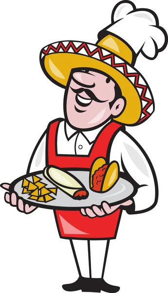 Μεξικού σεφ μαγειρεύουν πλάκα tacos burrito τσιπ καλαμποκιού — Διανυσματικό Αρχείο