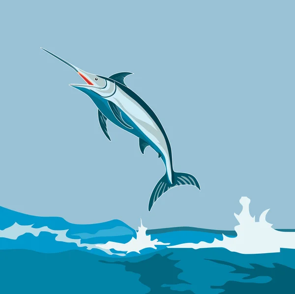 Blue Marlin peixe saltando retro —  Vetores de Stock