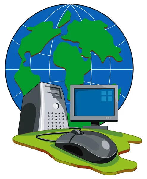 Computer Mouse Connected Globe Retro — Stock Vector