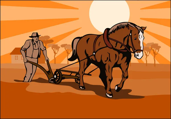 Fazendeiro e o cavalo arar quinta retrô — Vetor de Stock