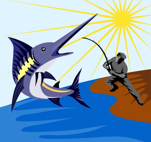 Pesce blu Marlin che salta retrò — Vettoriale Stock