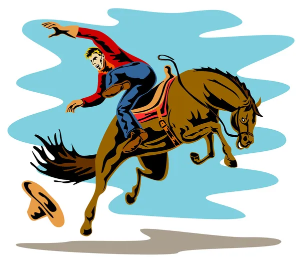 Rodeo cowboy ridning bucking bronco häst — Stock vektor