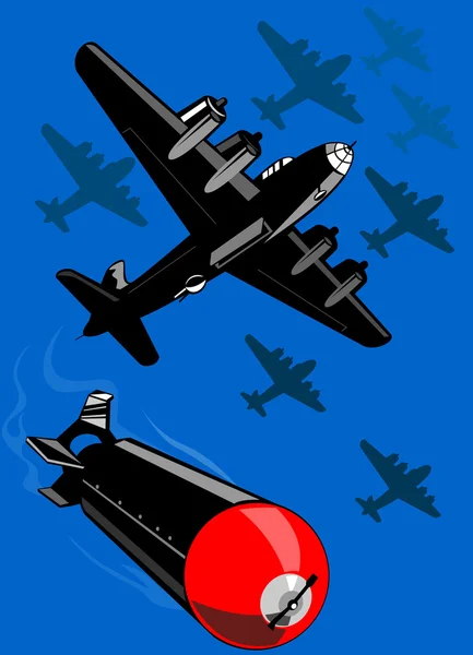 Aviones bombarderos de la Segunda Guerra Mundial lanzan bomba Retro — Vector de stock