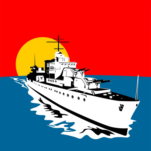 Παγκόσμιο πόλεμο δύο θωρηκτό πολεμικό πλοίο καταδρομικό ρετρό — Διανυσματικό Αρχείο