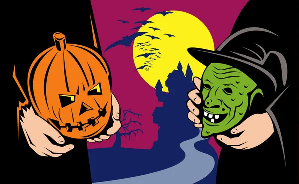 Halloween Maski jack-o latarnia czarownica retro — Wektor stockowy