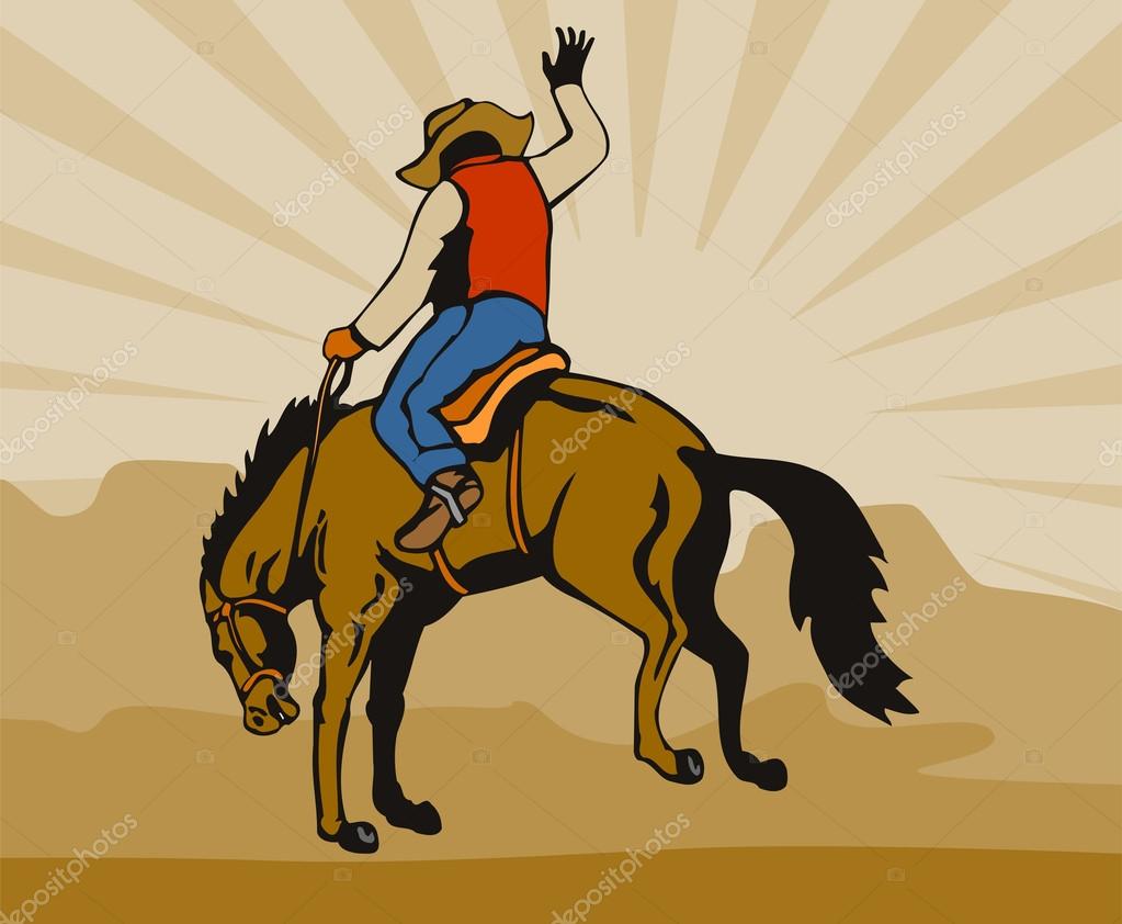 Rodeo Vaquero Cabalgando Bucking Bronco Caballo Vector Gráfico Vectorial © Patrimonio Imagen