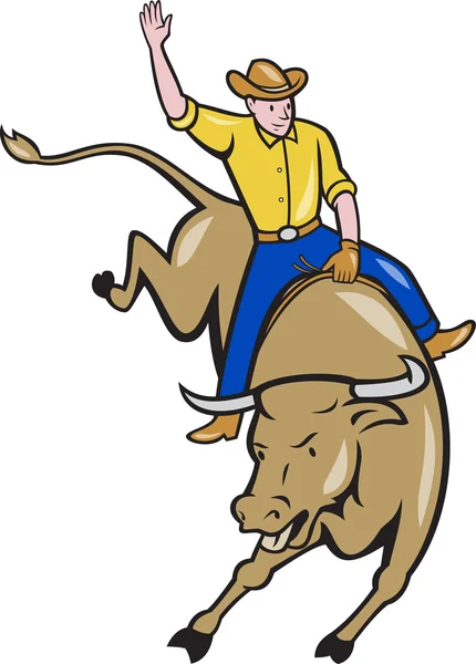 Rodeo vaquero toro montar dibujos animados — Vector de stock