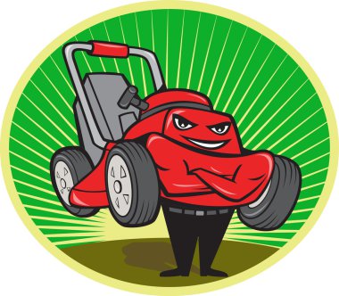 Çim biçme makinesi adam karikatür oval