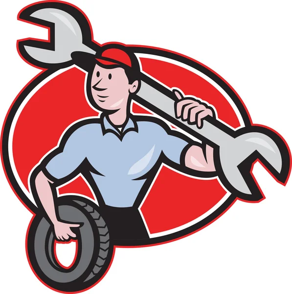 Mechanic With Spanner And Tire Wheel — Stock Vector