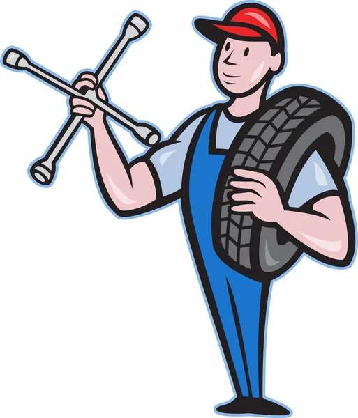 Mechanic With Tire Socket Wrench And Tire — Stock Vector