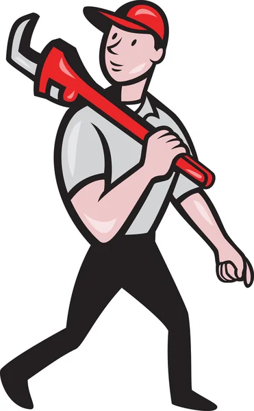 Loodgieter met monkey wrench cartoon — Stockvector