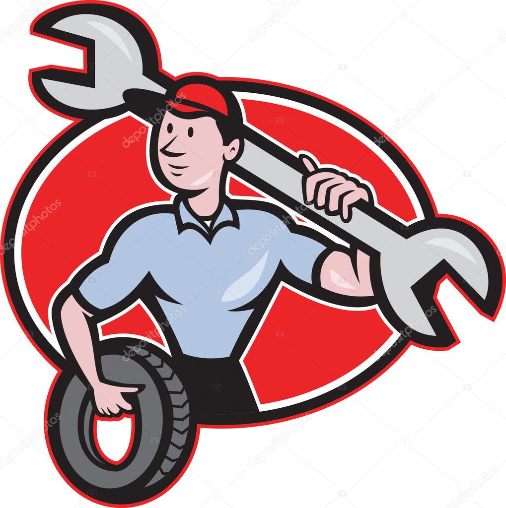 Mechanic With Spanner And Tire Wheel