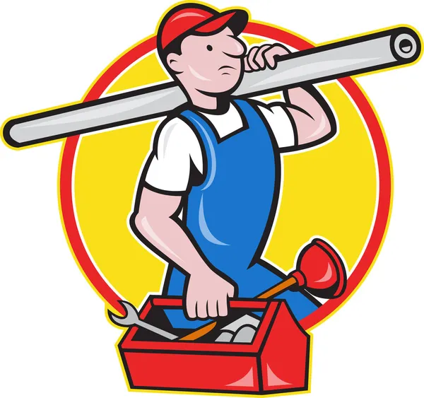 Plombier avec boîte à outils de tuyau Cartoon — Image vectorielle