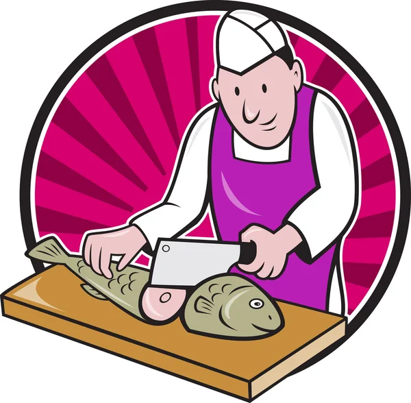 Sushi Chef Butcher Fishmonger Cartoon — Stock Vector