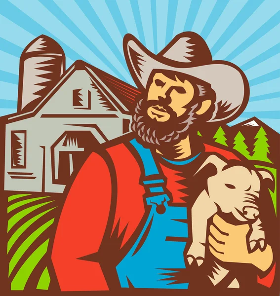Domuz çiftçisi Piglet ahır retro holding — Stok Vektör