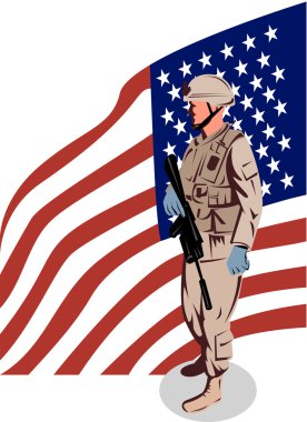 Amerikan askeri asker Armalite tüfeği ile yıldızlar ve çizgiler bayrağı taşıyan