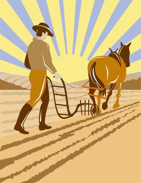 Фермер и лошадь пашут ферму
