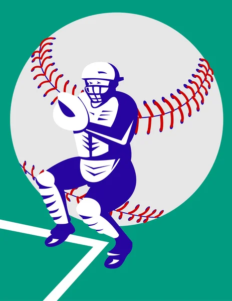 Catcher jugador de béisbol con pelota — Vector de stock