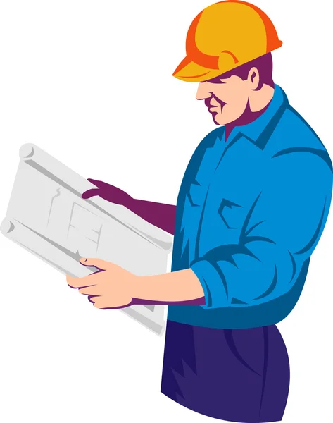 Un supervisor de ingeniería de trabajadores de la construcción con plano de construcción impresión azul en el trabajo — Vector de stock