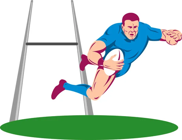 Rugby jogador mergulho para marcar uma tentativa — Vetor de Stock