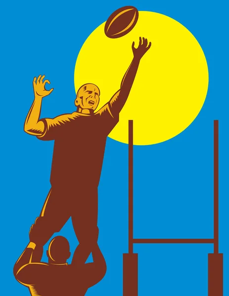 Jugador de rugby captura de la pelota lineout tiro con poste de gol — Vector de stock