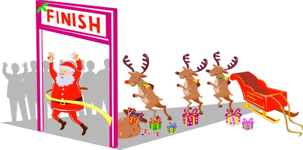Father Christmas Santa Claus running a race on finish line — Stock Vector