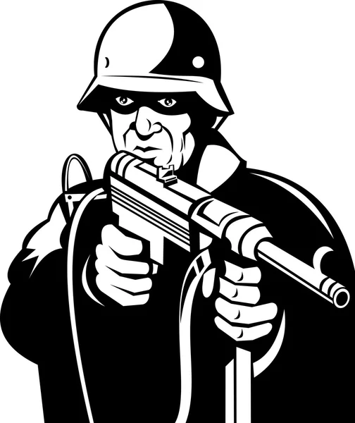 Німецька Другої світової війни солдата військовослужбовця вказуючи суб машина гармати гвинтівка — стоковий вектор