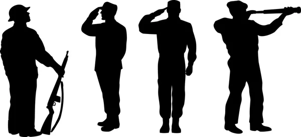 Silhouette of a soldier saluting, standing attention and looking at telescope — Stock Vector