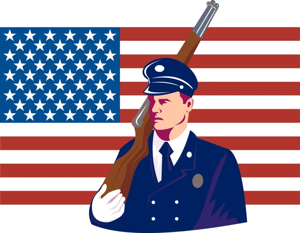 American solider serviceman with rifle flag — Stock Vector